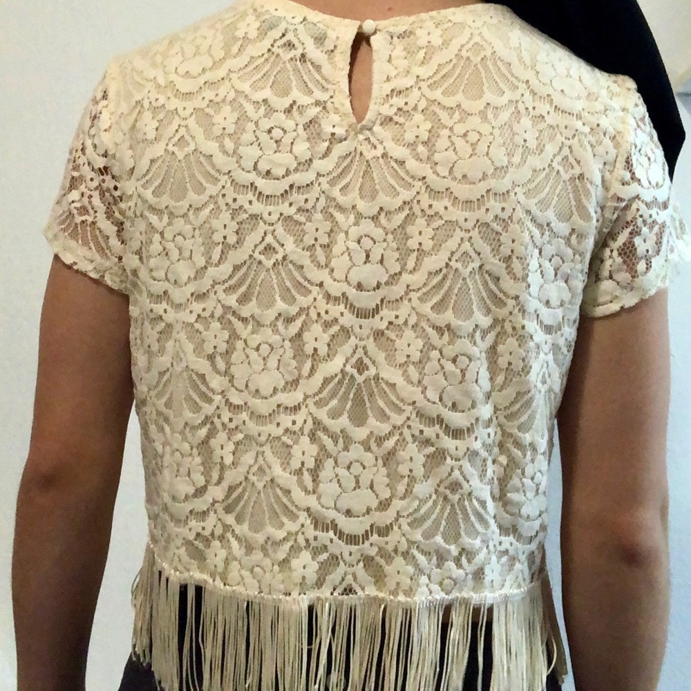 Forever 21 cream lace crop top with fringe